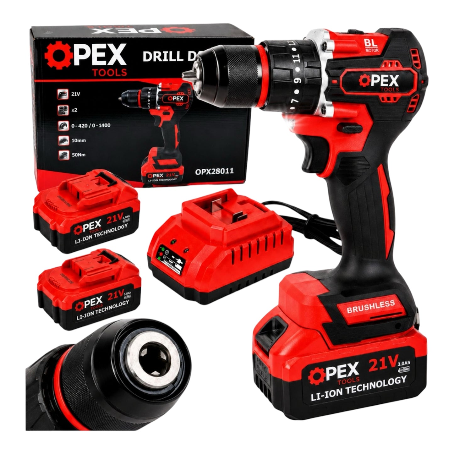 OPEX OPX28011 akumuliatorinis gręžtuvas-suktuvas, 21 V, 50 Nm, 2 akumuliatoriai