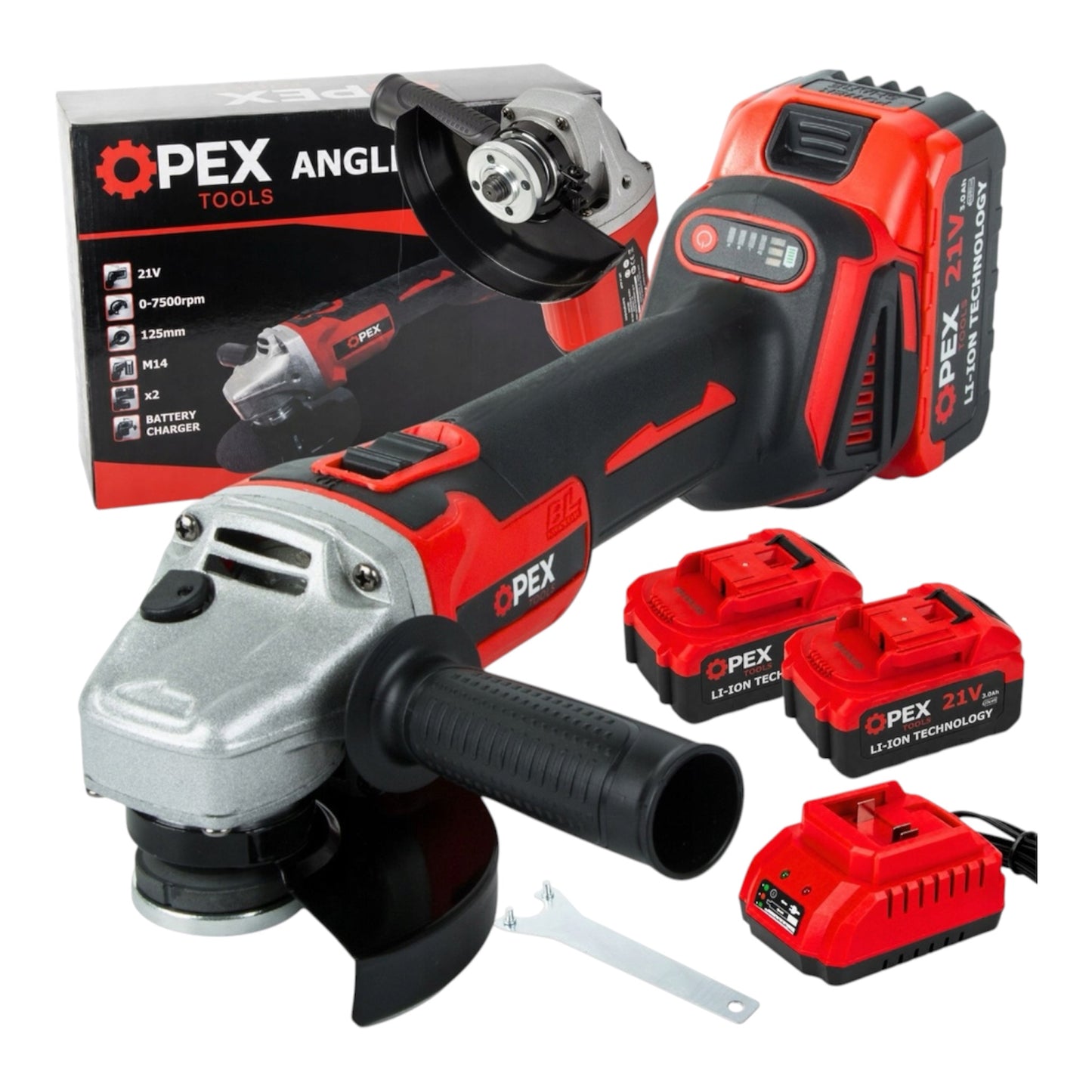 OPEX OPX28010 akumuliatorinis kampinis šlifuoklis, 21 V, 125 mm, 2 akumuliatoriai