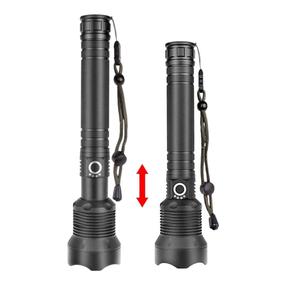 Taktinis LED žibintuvėlis su ZOOM funkcija, įkraunamas per USB, su akumuliatoriais ir dėklu, 25 cm