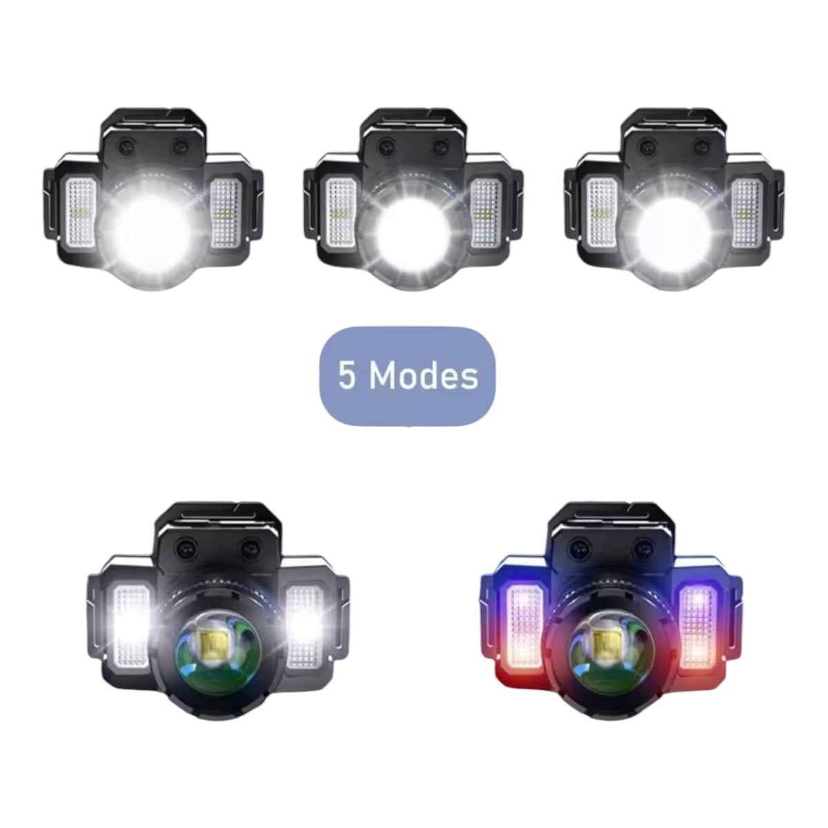 LED žibintuvėlis ant galvos su judesio jutikliu, ZOOM ir išorinės baterijos funkcija, įkraunamas per USB-C
