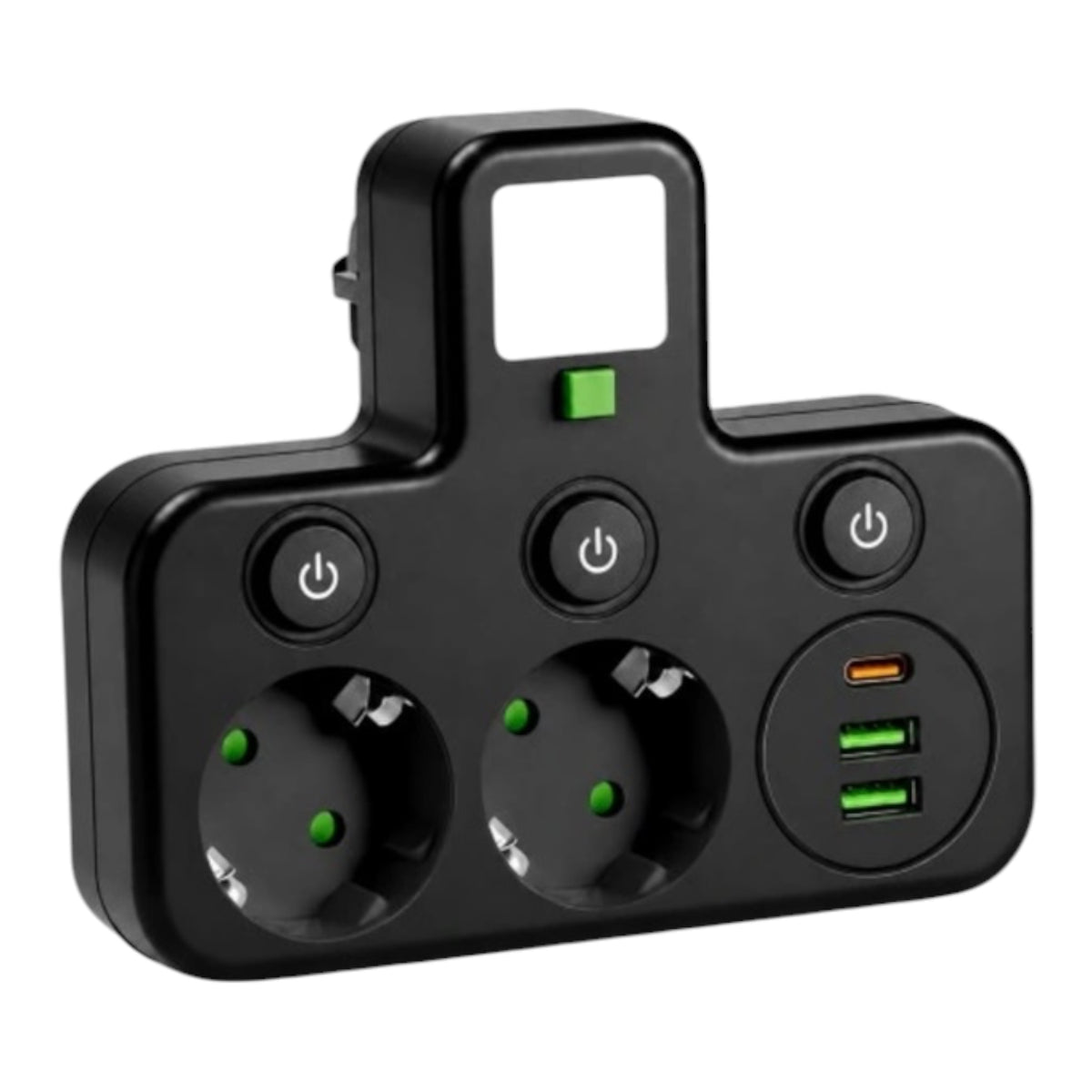 Kištukinis šakotuvas su 2 lizdais, USB jungtimis ir jungikliu, 16 A, juodas