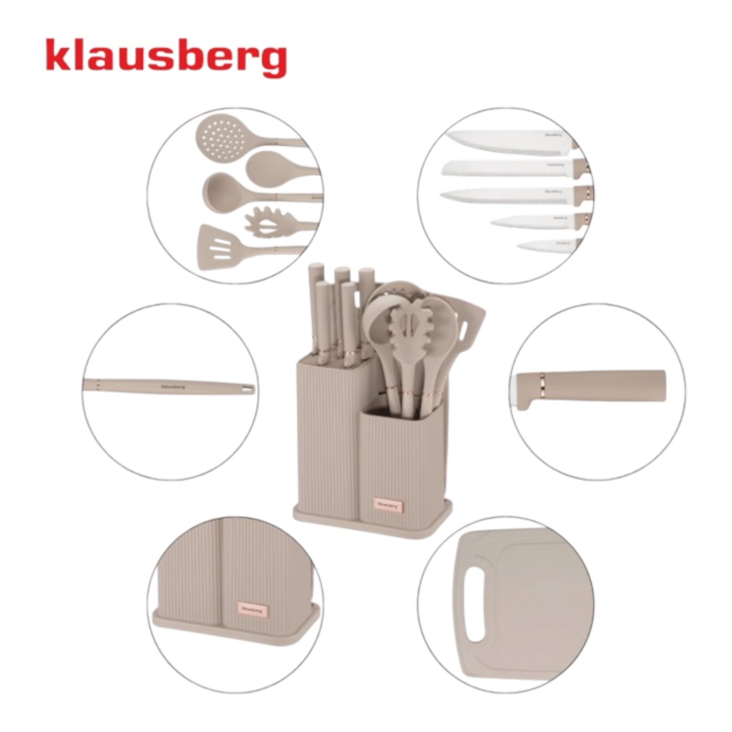 Virtuvės įrankų ir peilių rinkinys Klausberg KB-7935, 12 dalių, su stovu ir pjaustymo lentele