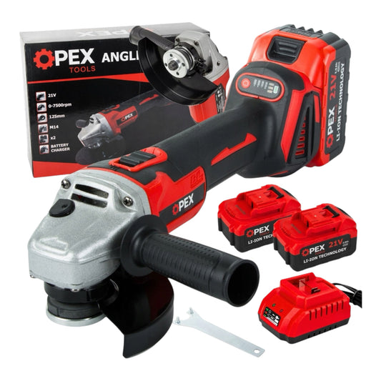 OPEX OPX28010 akumuliatorinis kampinis šlifuoklis, 21 V, 125 mm, 2 akumuliatoriai