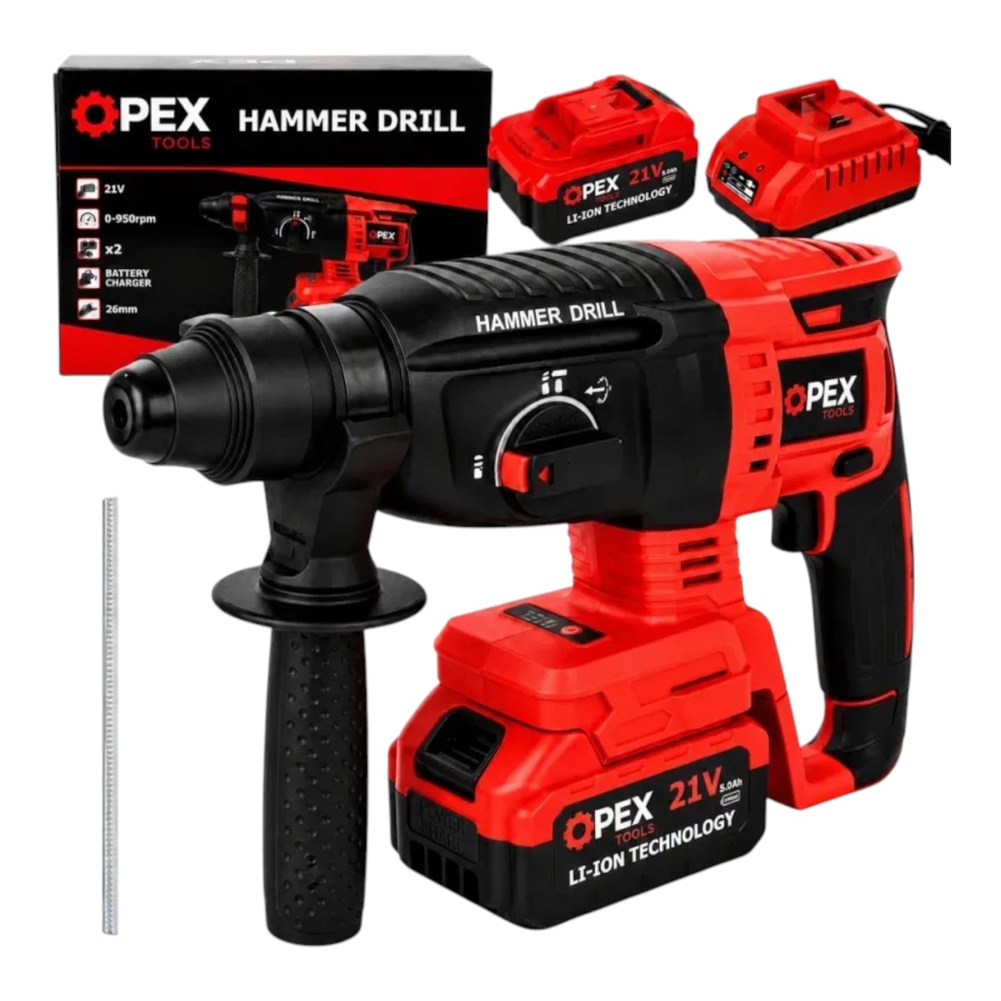 OPEX OPX28008 akumuliatorinis smūginis gręžtuvas, 21 V, 26 mm, 2 akumuliatoriai