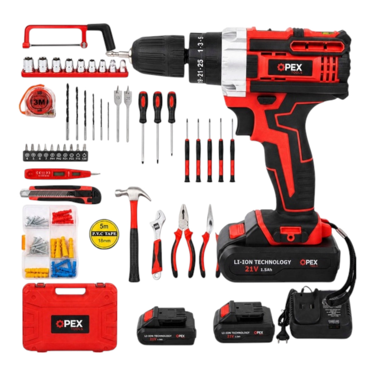 OPEX Tools OPX28034 belaidis gręžtuvas-suktuvas, 21 V, su įrankių rinkiniu lagamine