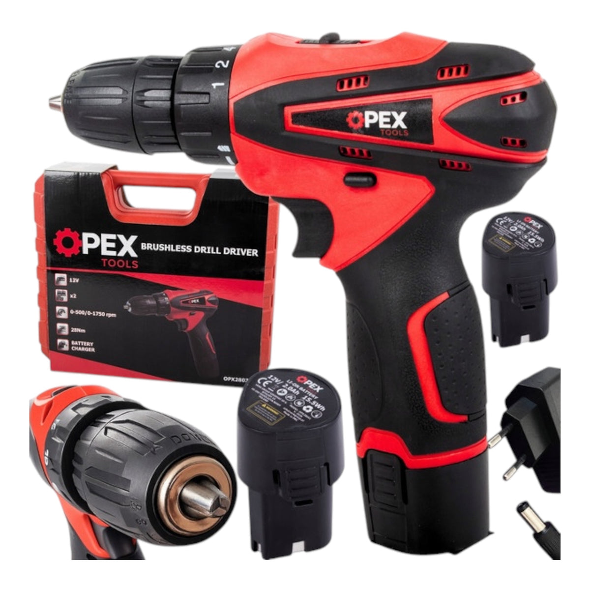 OPEX Tools OPX28032 akumuliatorinis gręžtuvas-suktuvas, 12 V, 2 akumuliatoriai, su priedais lagamine