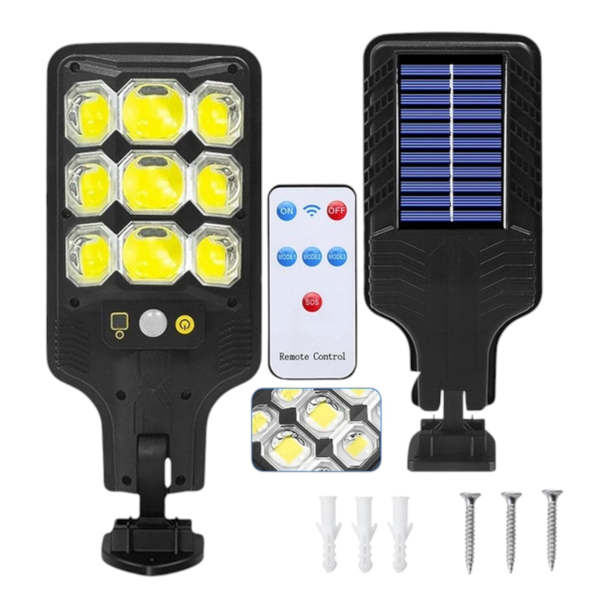 Lauko COB LED šviestuvas su saulės baterija, judesio ir sutemų jutikliais, su nuotolinio valdymo pulteliu