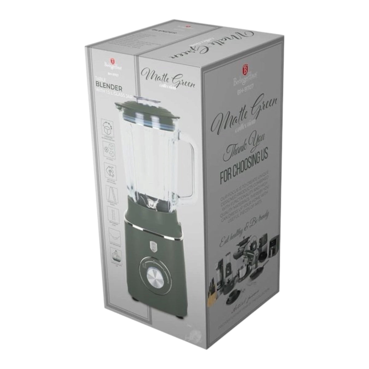 Berlinger Haus BH-9707 stalinis trintuvas, 1000 W, 1,5 l stiklinis indas, matinė žalia