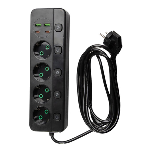 Elektros ilgintuvas su 4 lizdais ir 4 USB jungtimis, atskiri jungikliai, 3 m, juodas