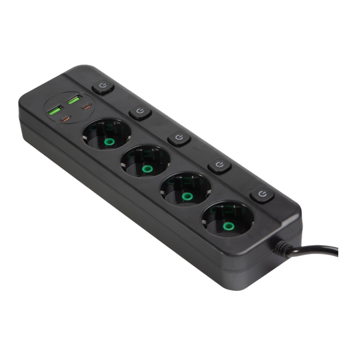 Elektros ilgintuvas su 4 lizdais ir 4 USB jungtimis, atskiri jungikliai, 3 m, juodas