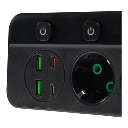 Elektros ilgintuvas su 4 lizdais ir 4 USB jungtimis, atskiri jungikliai, 3 m, juodas