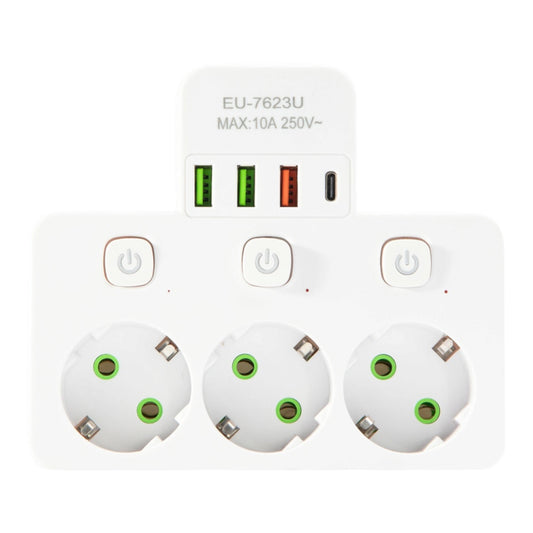 Elektros ilgintuvas su 3 lizdais ir 4 USB jungtimis, atskiri jungikliai, 2,8 m, baltas