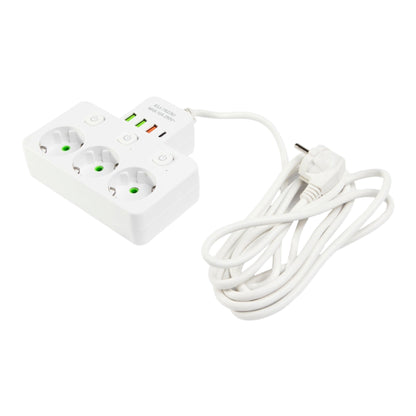 Elektros ilgintuvas su 3 lizdais ir 4 USB jungtimis, atskiri jungikliai, 2,8 m, baltas