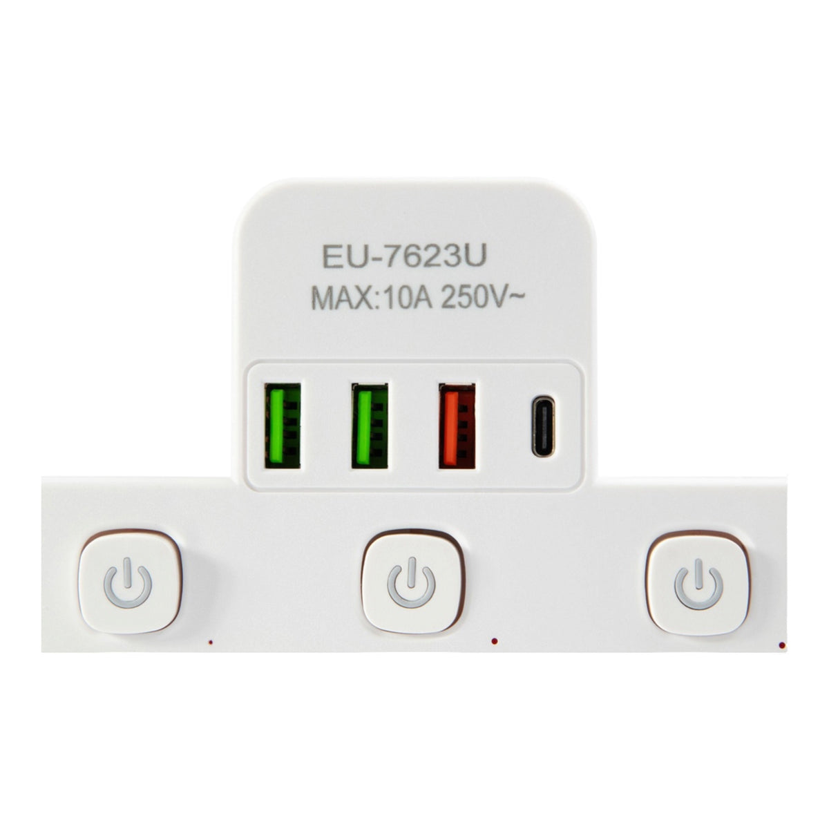 Elektros ilgintuvas su 3 lizdais ir 4 USB jungtimis, atskiri jungikliai, 2,8 m, baltas