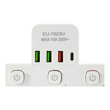 Elektros ilgintuvas su 3 lizdais ir 4 USB jungtimis, atskiri jungikliai, 2,8 m, baltas