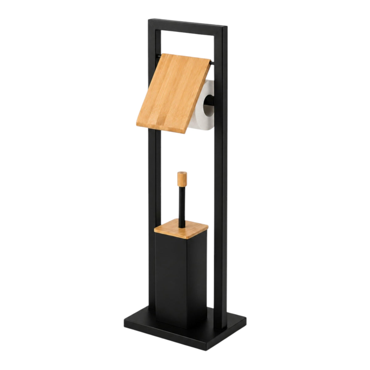 Stovas tualetiniam popieriui su WC šepečiu, 2 in 1, metalas ir bambukas, 72 cm, matinis juodas