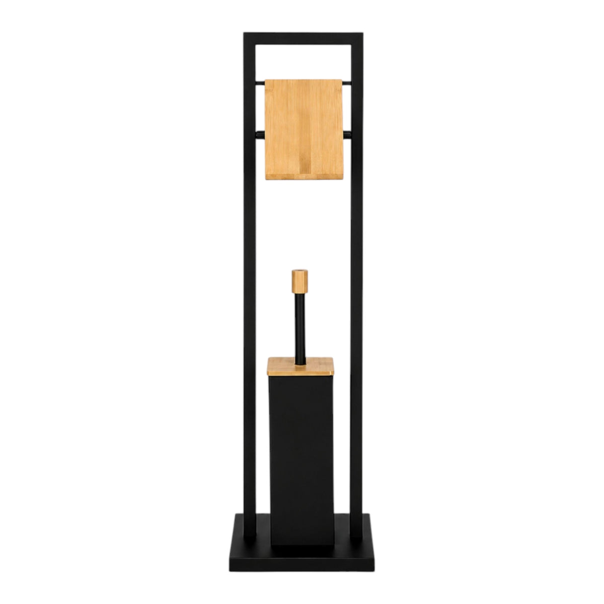 Stovas tualetiniam popieriui su WC šepečiu, 2 in 1, metalas ir bambukas, 72 cm, matinis juodas