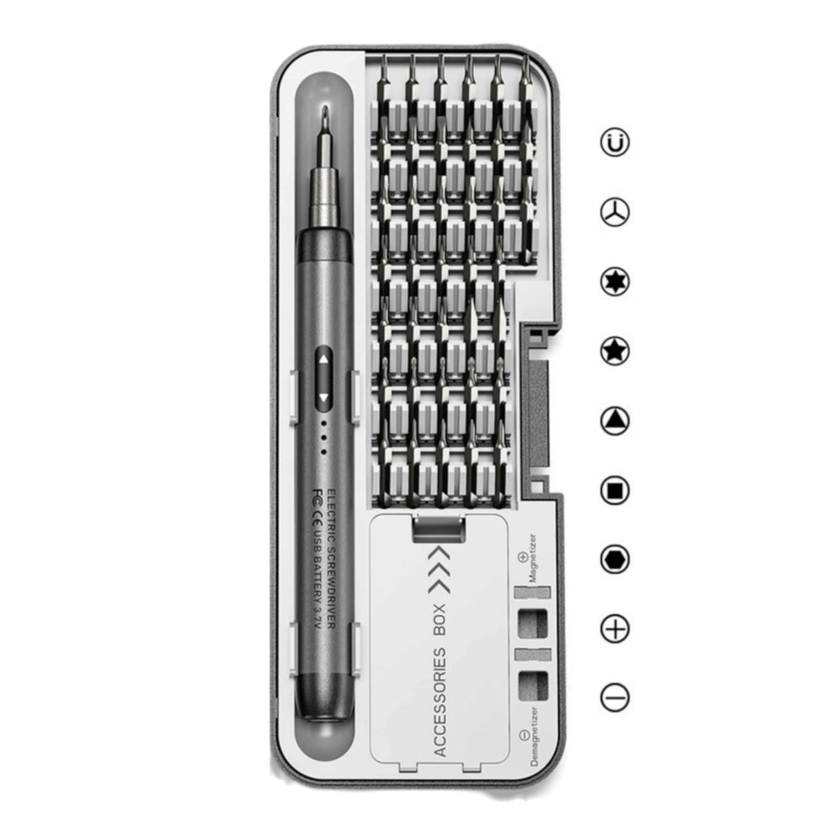 Akumuliatorinis precizinis atsuktuvas su 38 antgaliais, įkraunamas per USB-C, dėkle