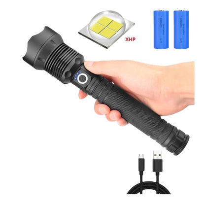 Taktinis LED žibintuvėlis su ZOOM funkcija, įkraunamas per USB, su akumuliatoriais ir dėklu, 25 cm