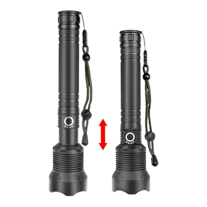Taktinis LED žibintuvėlis su ZOOM funkcija, įkraunamas per USB, su akumuliatoriais ir dėklu, 25 cm