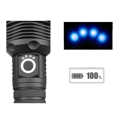 Taktinis LED žibintuvėlis su ZOOM funkcija, įkraunamas per USB, su akumuliatoriais ir dėklu, 25 cm