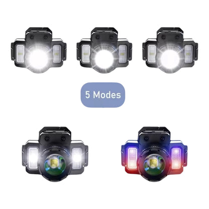 LED žibintuvėlis ant galvos su judesio jutikliu, ZOOM ir išorinės baterijos funkcija, įkraunamas per USB-C