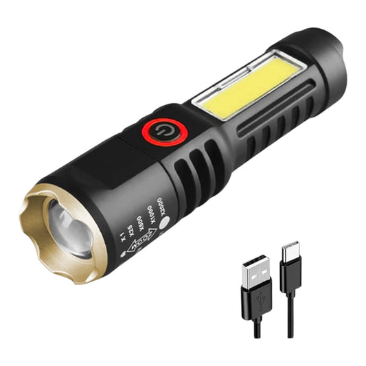 Įkraunamas LED žibintuvėlis su ZOOM funkcija ir šonine COB lempa, USB-C, 14,5 cm