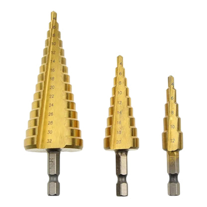 Pakopinių grąžtų rinkinys, 3 vnt., 4–32 mm, HSS su titano danga, šešiakampis kotelis