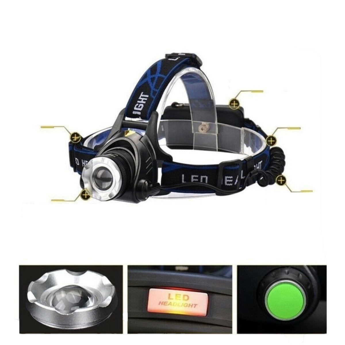 Įkraunamas LED žibintuvėlis ant galvos CREE XM-L T6 su ZOOM funkcija, iki 1000 lm, IPX4, juodas